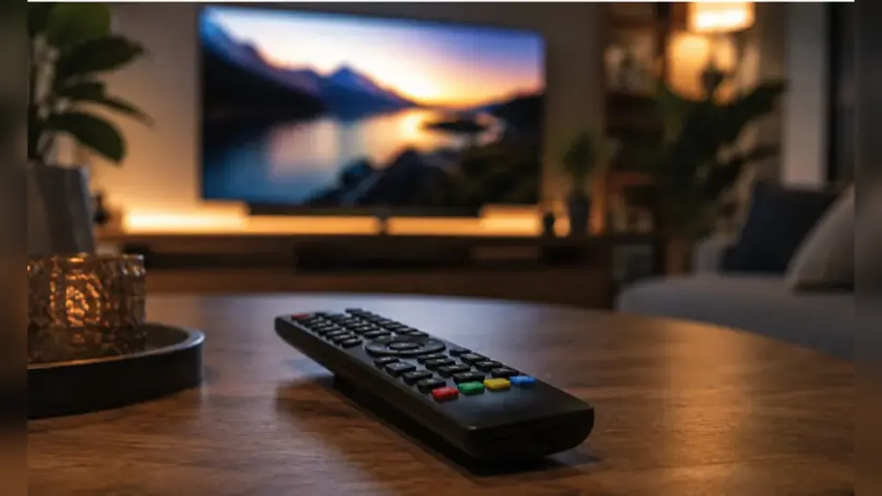 A television remote on a wooden table in a warm living room